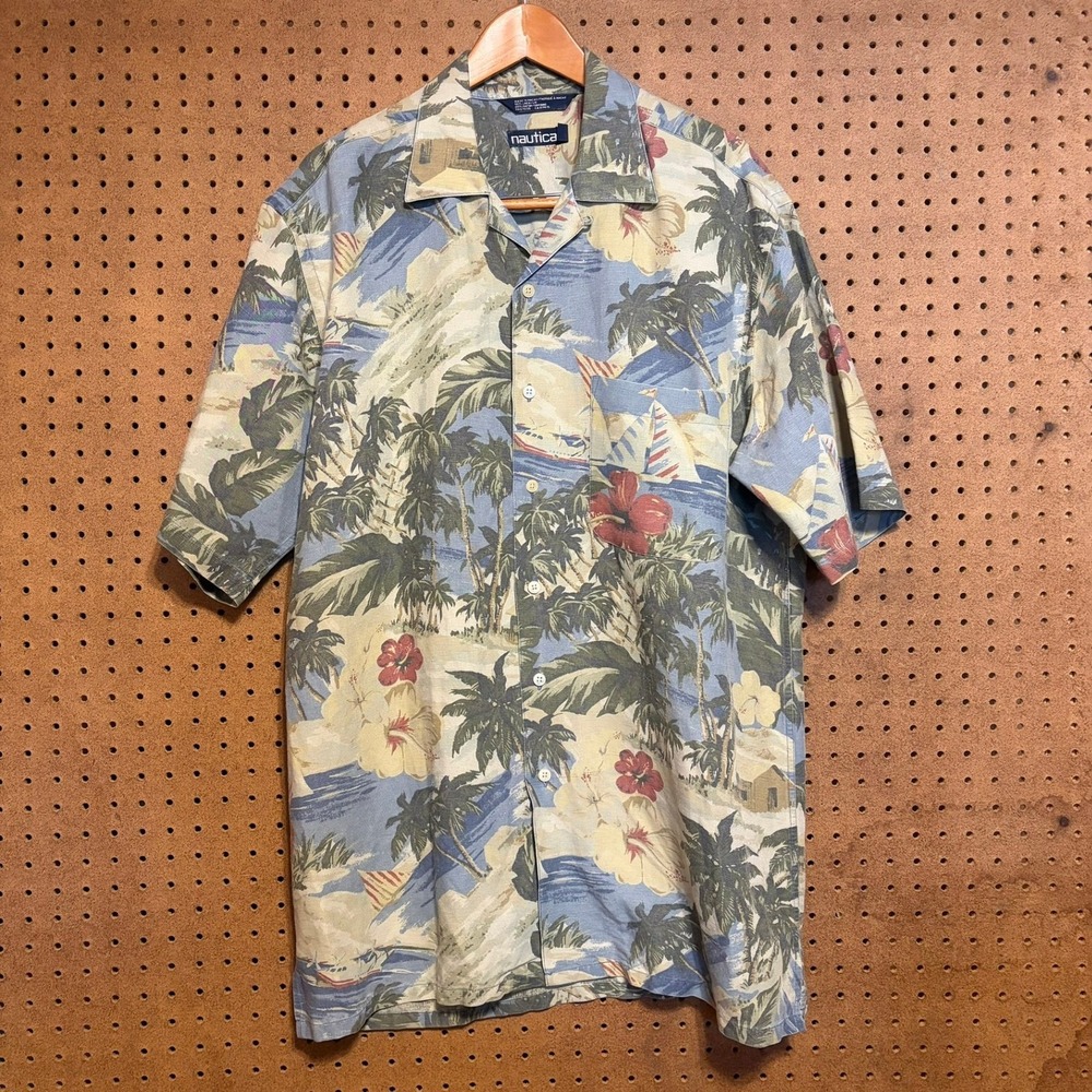 Nautica Mens Medium Linen Rayon Tropical Floral Sailboat Hawaiian Shirt Blue